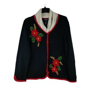 VTG 90s Christmas Sweater Cardigan L Design Originals Studio Joy Poinsettias